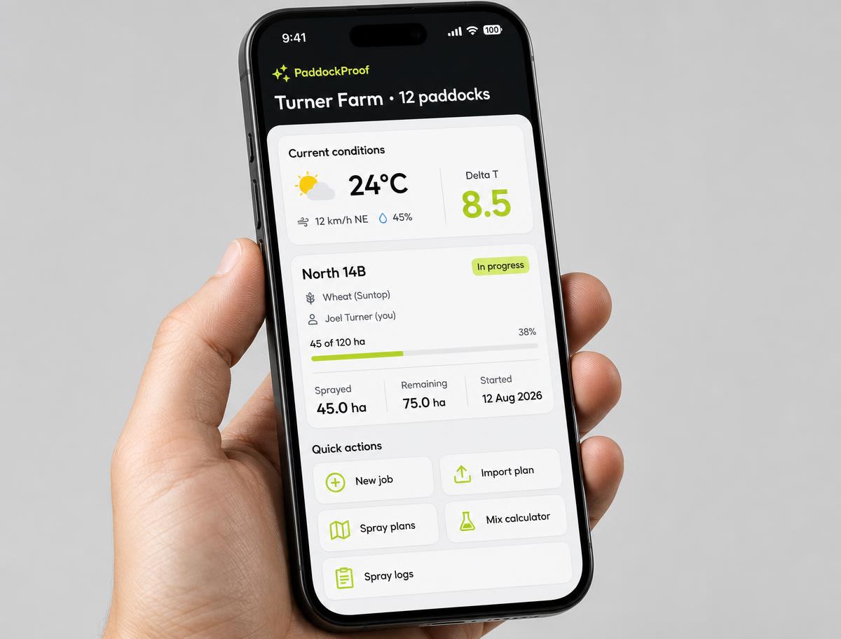 PaddockProof dashboard on a phone showing weather, Delta T and an active spray job